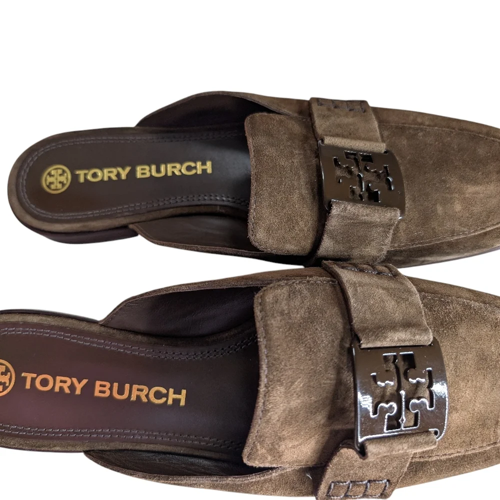 Tory Burch Brown Suede Logo Buckle Mules